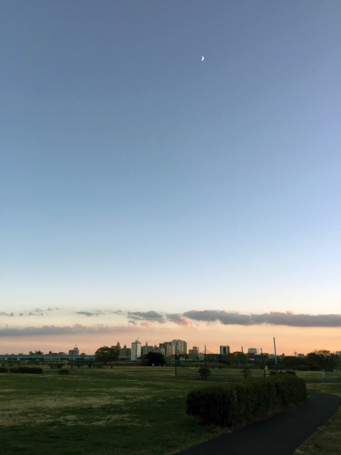 たそがれ迫る空の色と細く白い月。